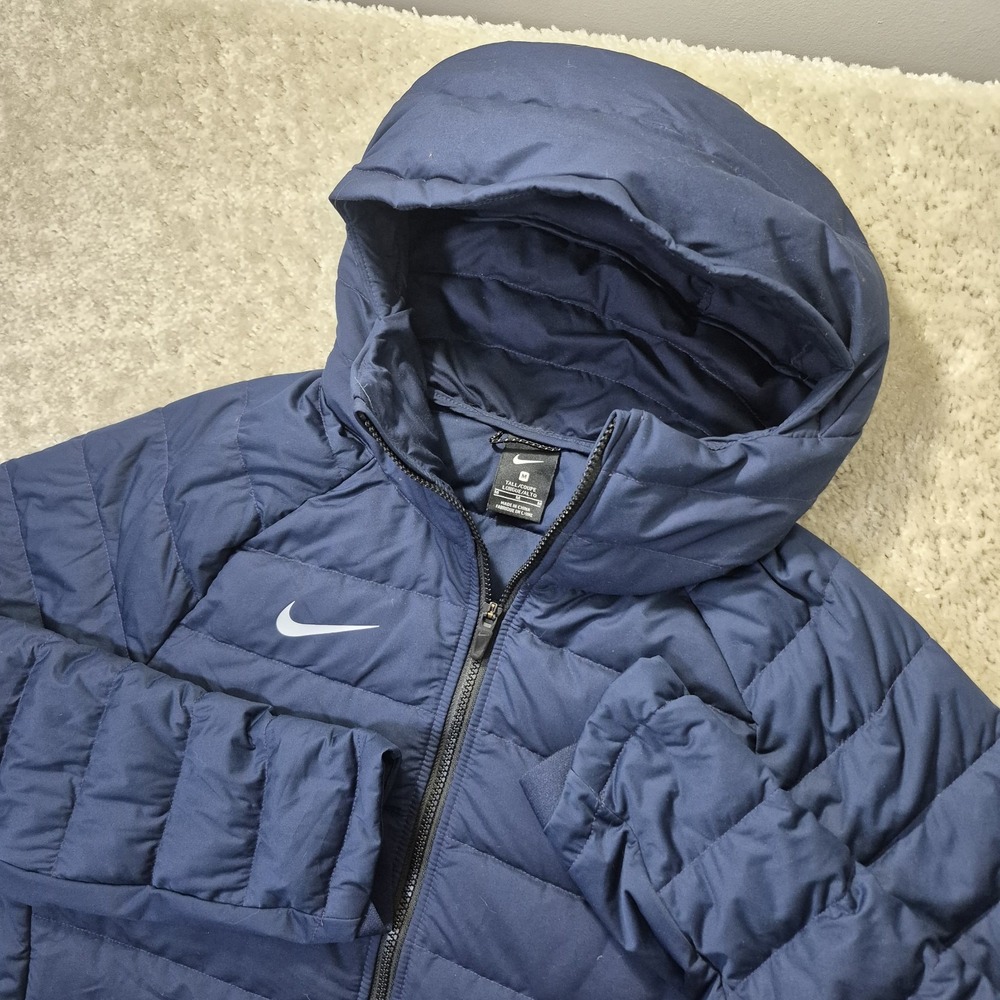 NIKE Down Puffer Jacket Mens Medium Tall Blue Hooded Outdoor Preppy Sporty Logo